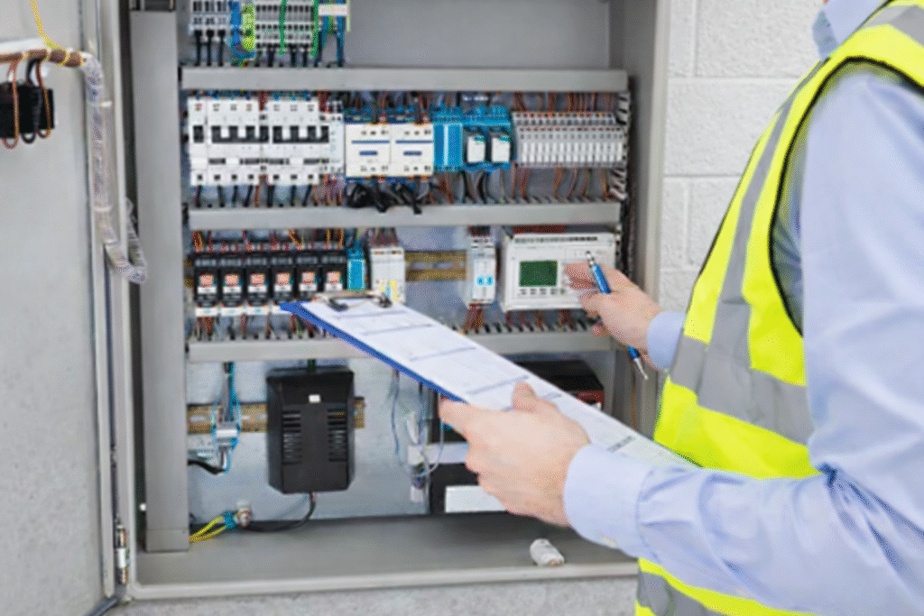 Technician inspecting an electrical cabinet